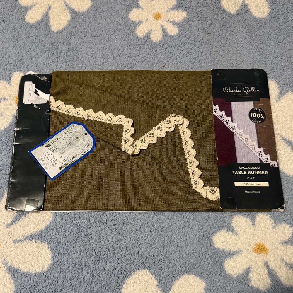 Charles Gallen Olive Green Lace Table Runner - 100 Percent Irish Linen